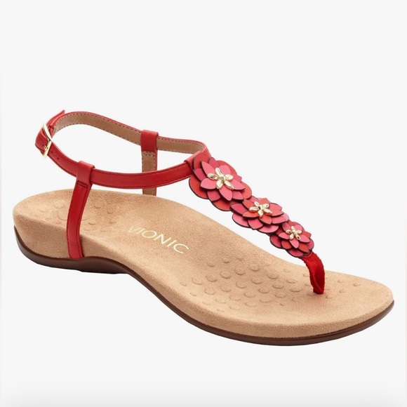 VIONIC Sandals “Paulie” Tan Floral T-Strap Orange/White Podiatrist Designed - Picture 6 of 12